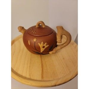 VTG 3 1/2in Chinese Unglazed Yixing Clay Pottery Tea Pot w/ Branch Style Handle